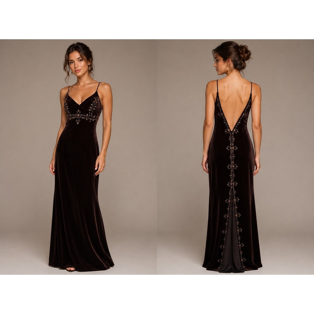 Dave & Johnny Brown Velvet Beaded Backless Maxi Prom Gown Dress 6